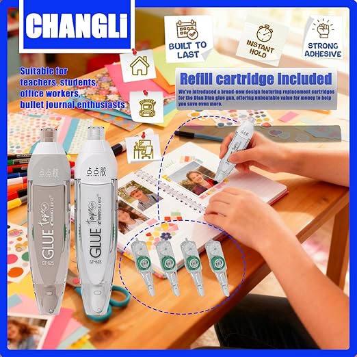 CHANGLi 6pack Refillable Scrapbook Glue Tape, 400pcs Power Glue Points, 16FT*1/5 Inch Double Sided Tape for Crafts,Scrapbooking Supplies, Adhesive Glue Runner for Gift Wrapping, Photo