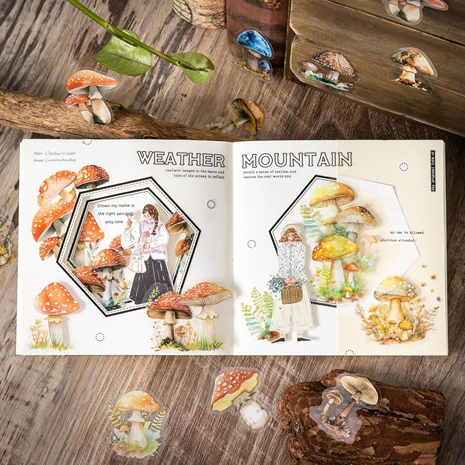 120-Piece Fantasy Mushroom Stickers for Scrapbooking – Vintage Nature Forest Botanical Stickers for Journals, Crafting, Art Projects, Decoration