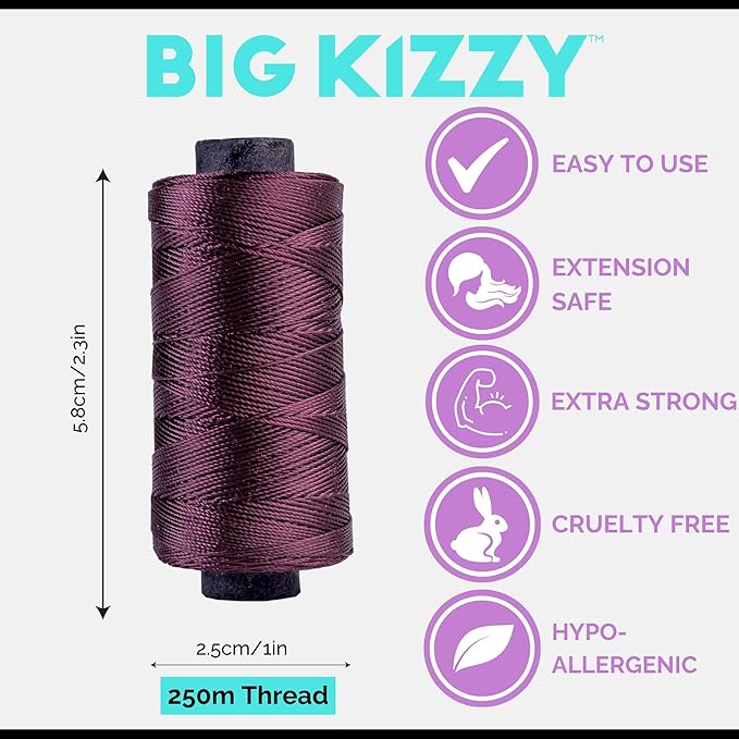 Big Kizzy Burgundy 250m Nylon Thread for Hair Extensions, Sew in Human Hair Weft and Wigs - Non-Slip and Comfortable Hold for Hand and Machine Tied Weft