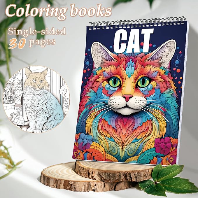 Cat Coloring Book for Adults Spiral Bound, One Sided Design Cat Adult Coloring Book Spiral Bound for Women Anxiety Therapy Thick Paper - 30 Pages for Stress Relief and Relaxation