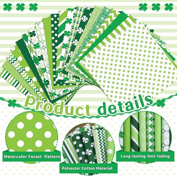 20 Pcs 10''x10'' St. Patrick's Day Quilting Fabric Square Bundle Irish Green Precuts Quiltted Fabric Shamrock Lucky Clover Printed Patchwork Supplies for Holiday Patchwork DIY Sewing Craft
