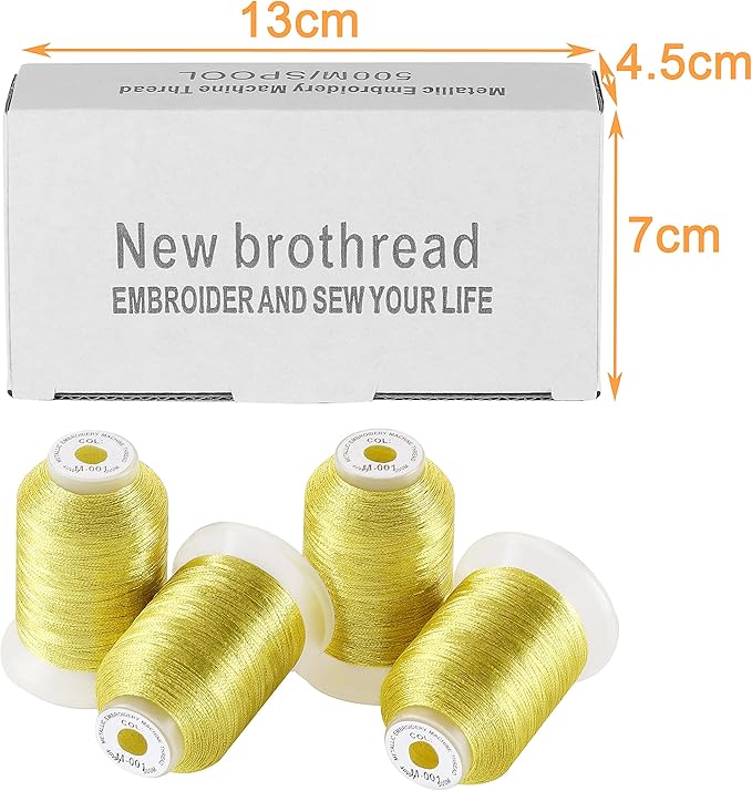 New brothread 4 Gold Metallic Embroidery Machine Thread Kit 500M (550Y) Each Spool for Computerized Embroidery and Decorative Sewing