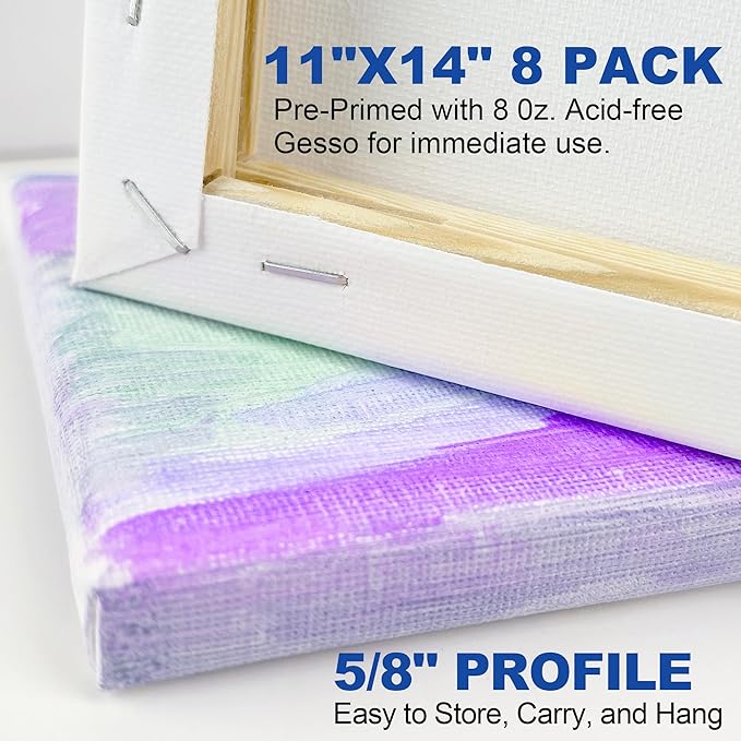 Blank Canvases for Painting with 11x14 inch, 8 Packs Stretched Canvases for Acrylics, Oils, Watercolors & Other Painting Media, 5/8 Inch Profile 100% Cotton Primed Artist Framed Canvas