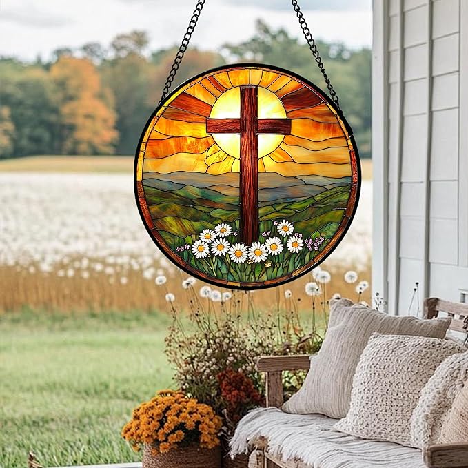 Christian Gifts for Women - Cross Stained Glass Window Hanging Easter Daisy Natural Landscape Sun Catcher Garden Religion Decor Mother's Day Catholic Gift for Men Grandma Mom Her Nana 11.8"