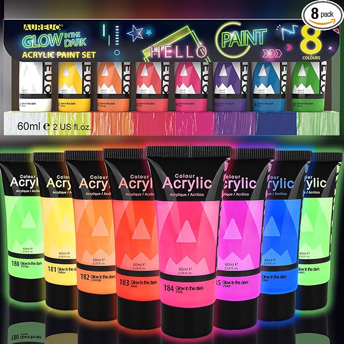 AUREUO Glow in the Dark Acrylic Paint, 8 Colors x 2 Fl Oz / 60ml Neon UV Black Light Paints for Rocks, Wood, Craft, Canvas, Paint Party Supplies