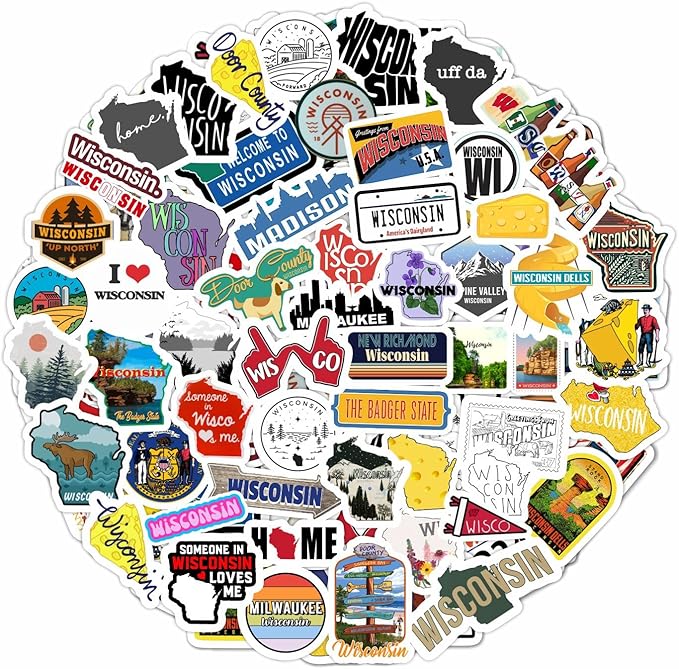 BulbaCraft Wisconsin Stickers for Water Bottle and Laptop - Wisconsin Party Supplies & Decorations, Waterproof Vinyl Decals, State Pride and Icon Stickers, Gifts for Women & Men