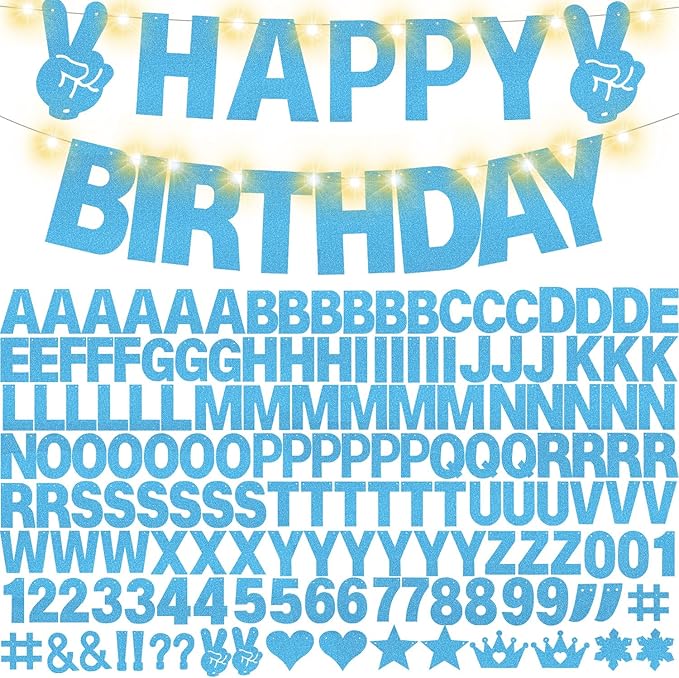 167Pcs DIY Glitter Customizable Banner Kit Custom Banner DIY Personalized Happy Birthday Letter Banners Decor for Christmas Baby Shower Birthday Party Decorations Supplies(Glitter Light Blue)