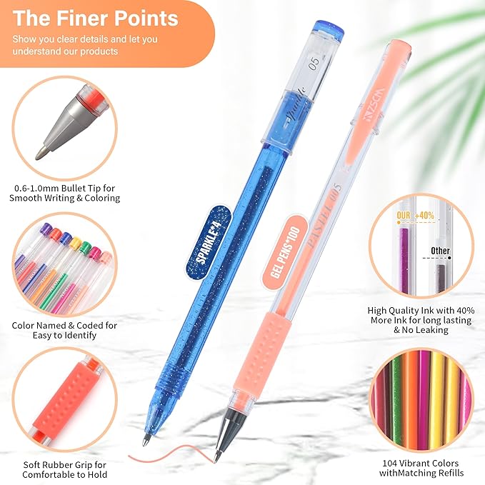 202 Pack Gel Pen For Adults Coloring Books, 104 Artist Pens Include 100 Colored Pens, 4 Metallic Sparkle Pens With 98 Refills, Fine Tip Metallic Gel Pen for Drawing Journaling Craft Art Supplies