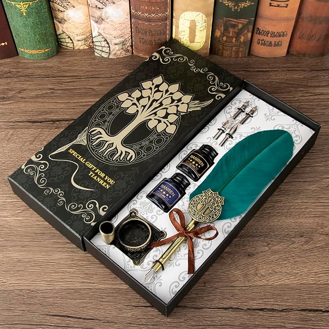 Quill pen ink set,Feather Pen and Ink Set,Antique Calligraphy Pen with 4 Replaceable Nibs,2 Bottle of ink,Feather Dip Pen Holder Christmas Gift for Men&Women.(Green)
