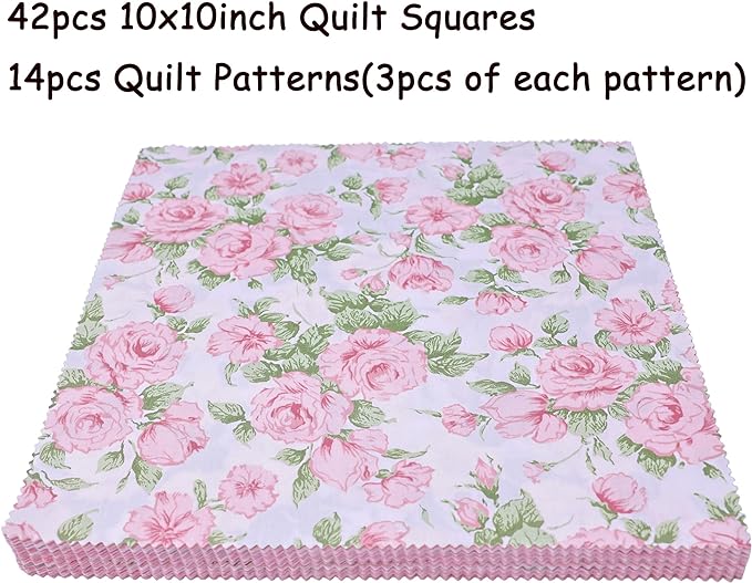 Layer Cake Fabric for Quilting 10 inch, Precut Fabrics Square 10x10 inch for Quilting, Print Pink Cotton Quilt Fabric Squares Bundles for Sewing DIY Patchwork Craft(42Pcs)
