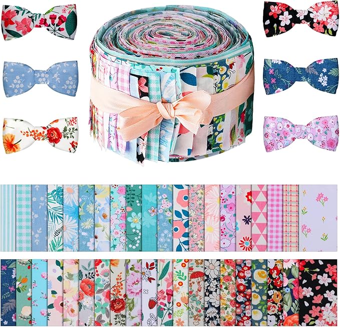Tegeme 40 Pcs Jelly Fabric for Quilting, Japanese Cotton Patchwork Roll, Retro Floral Print Precut Fabric, Quilting Strips, 2.55 Inch Patchwork Roll for DIY Sewing Crafts (Fresh Style)