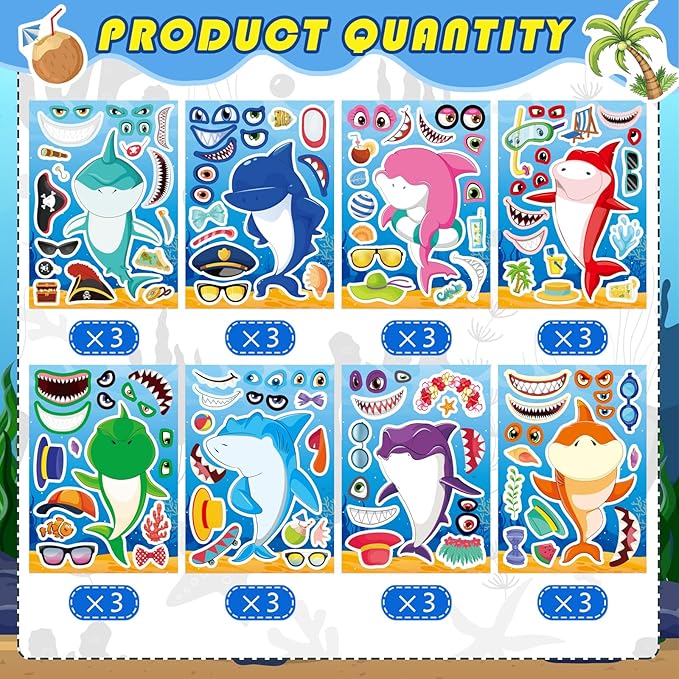 24 Sheets Make Your Own Shark Stickers for Kids Toddlers, Sea Ocean Animals Birthday Party Favors Activities