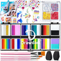 Professional Face Painting Kit for Kids Adults, Rainbow Split Cake Face Paint Palette 12 x 10gm+ 4 Colors Pro Pressed Glitter Eyeshadow Palette, with Brushes Sponges Gems Stencils