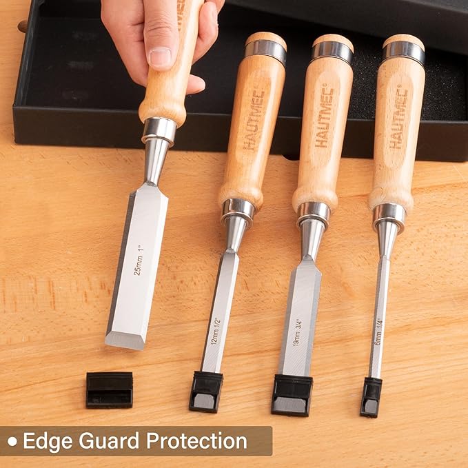 HAUTMEC Wood Chisel Set for Woodworking, 4-Piece Bevel Edge Mortise Chisel Set with 60CrV Steel Blades and Ergonomic Beech Handles (1/4", 1/2", 3/4", 1")