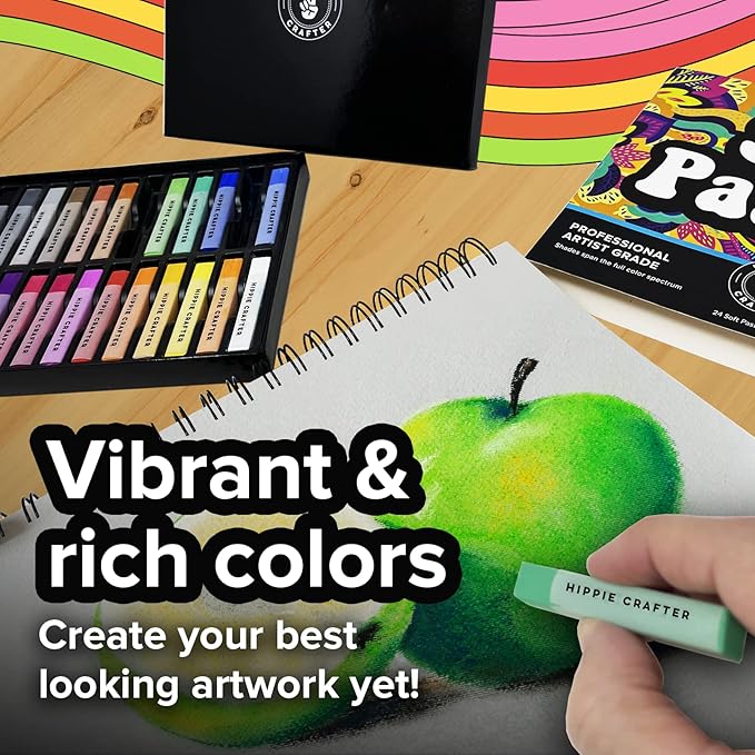 HIPPIE CRAFTER Art Supplies Set of 24 Soft Chalk Pastels, Non-Toxic, Oil-Free, Assorted Colors, Blendable, for Adults, Includes Storage Case
