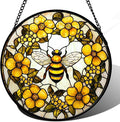 Stained Glass Window Hanging - Yellow Flowers Surrounded by Bees Sun Catcher for Door Garden Home Decor Cute Suncatcher Christmas Mother's Day Birthday Gifts for Women Men Mom Nana 6.3 in