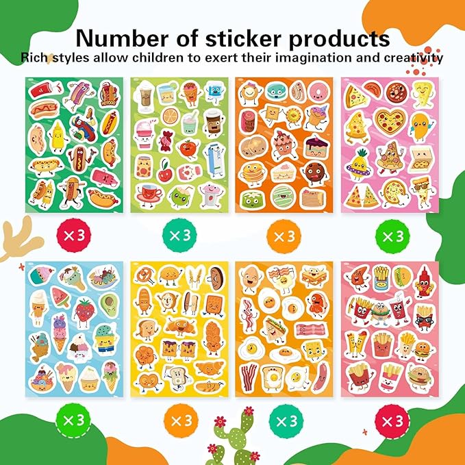DUJAA 363PCS Cute Food Theme Stickers, Including Pizza, Bacon, Eggs, Hot Dogs, Buns, Fries, Burgers, Ice Cream, Cake, Reward Stickers for Classroom, Teacher, Parents