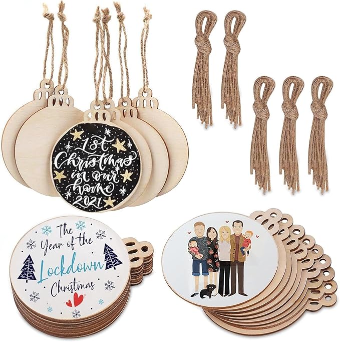 60pcs Wooden Ornaments, BetterJonny 3.15 * 2.56in Unfinished Natural Wood Slices with Holes Blank Wood Discs with 60pcs Jute Rope for DIY Christmas Decoration