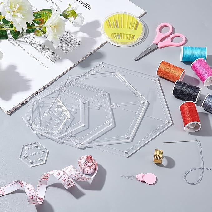 BENECREAT 6Pcs Mixed Sizes Hexagon Quilting Template Transparent Pressure Plate(Hole: 3mm) with 6 Mixed Size