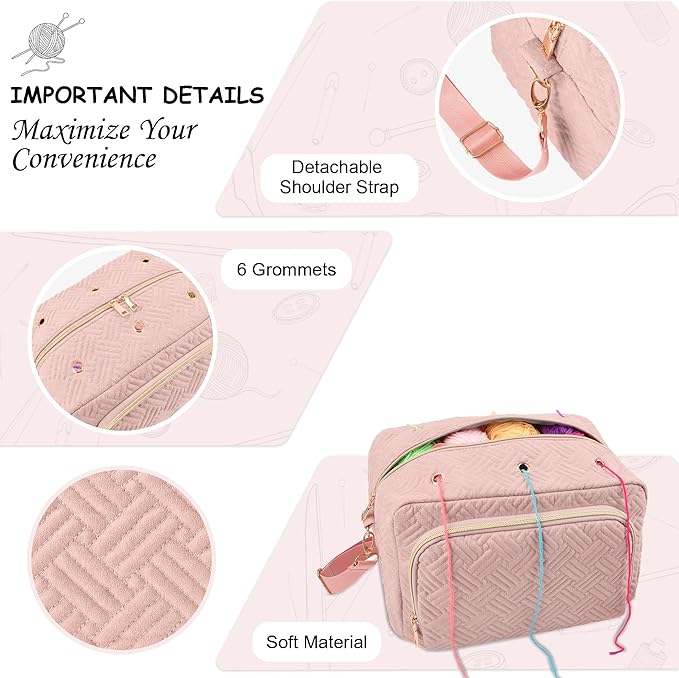 Crochet Bag Organizer, Yarn Storage Organizer, Yarn Holder for Crochet with Adjustable Shoulder Straps, Knitting Bag for crocheting, Crochet Hook Case Gifts for Crocheters (Pink)