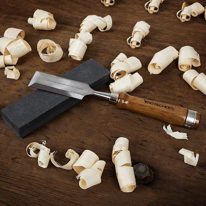 10-Pieces Woodworking Wood Chisel Set with Wooden Box, Honing Guide, Sharpening Stone, Razor Sharp CR-V 60 Steel Blades