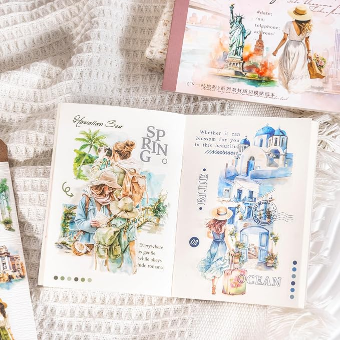 Travel-Themed Vintage Ephemera Sticker Book Set, 60 Pre-Cut PET & Washi Pages for Scrapbooking, Journaling, DIY Projects, and Art Supplies