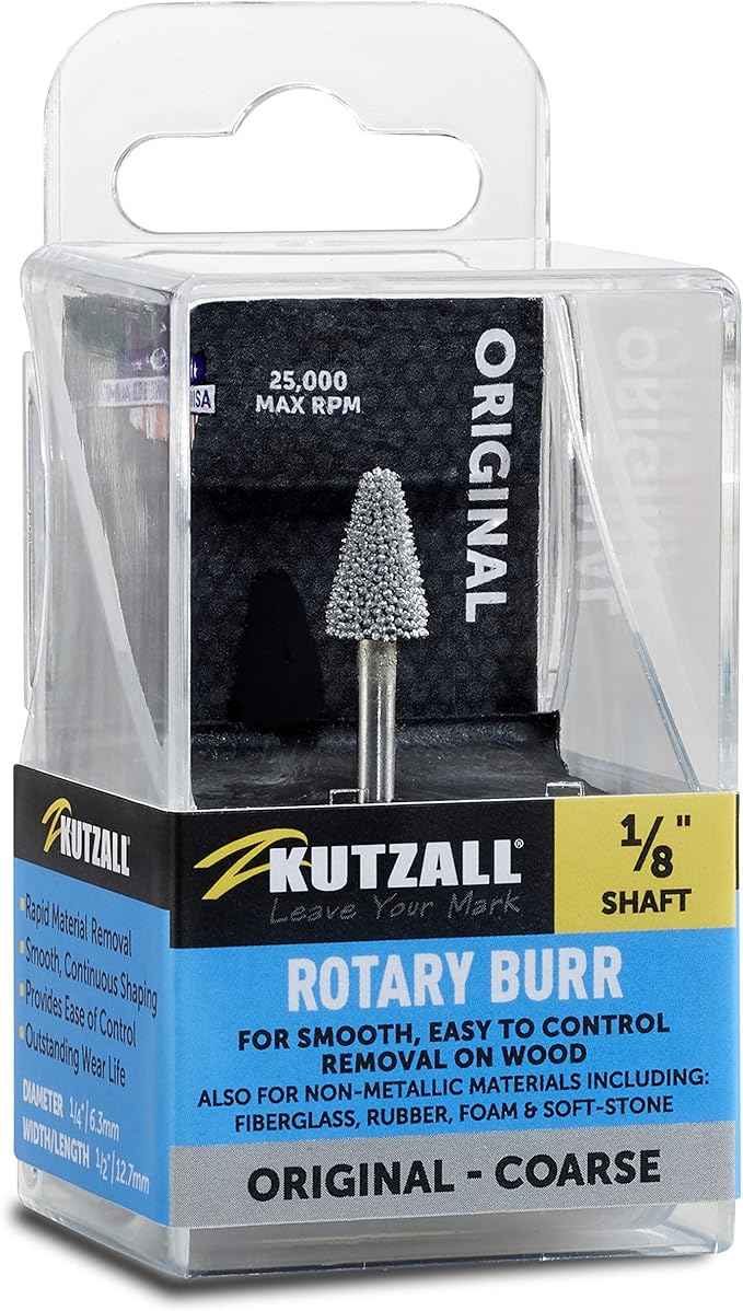 Kutzall Original Taper Rotary Burr, 1⁄8" Shaft, Coarse - Wood Carving Bit for Dremel, Foredom, DeWalt, Milwaukee. Abrasive Tungsten Carbide, 1⁄4" (6.3mm) Head Dia. X 1⁄2" (12.7mm) Length, T-14-E