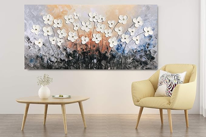 Yihui Arts Floral Paintings Canvas Wall Art Living Room Decor Contemporary Grey Artwork Pictures Framed Ready to Hang
