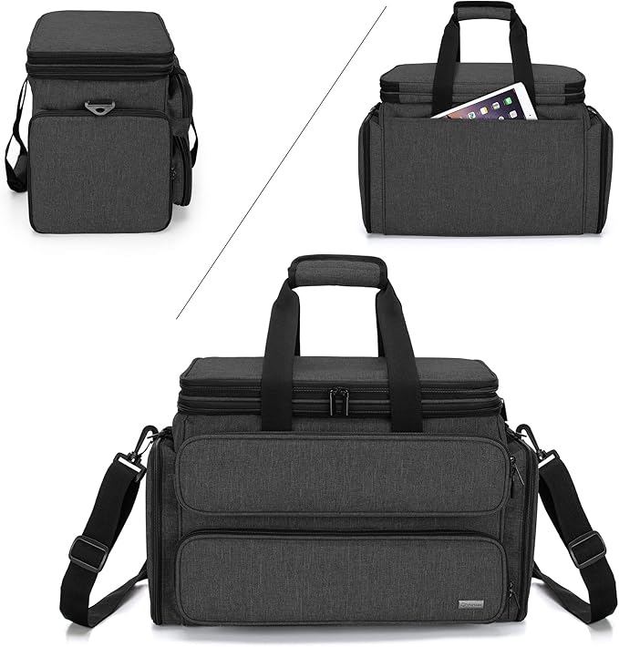 Yarwo Knitting Yarn Bag, Portable Crochet Storage Tote with Double Top Cover and Yarn Holes for Knitting Needles(Up to 14”), Unfinished Projects and Skeins of Yarn, Black
