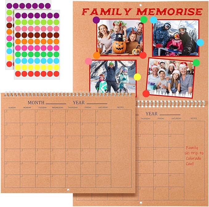 Harloon Blank Scrapbook Wall Calendar Sheets 2026 Undated Monthly Weekly Scrapbook Planner 16 Sheet DIY Blank Custom Calendar with 140 Sticker 12 x 9" Closed 18" Open Size for Office Home(Kraft Brown)
