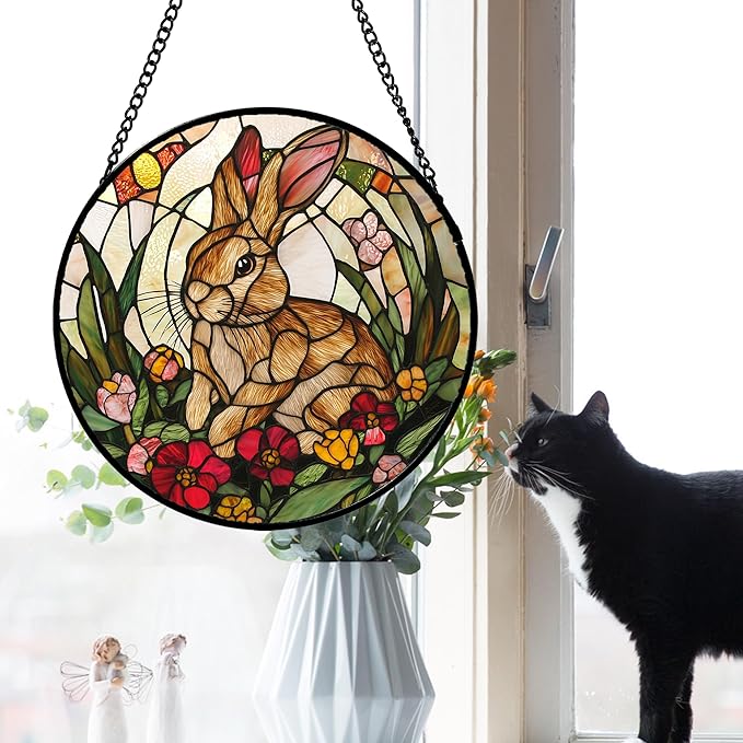 Stained Glass Window Hanging, Cute Bunny Flowers Sun Catcher for Window Door Home Decor, Rabbit Suncatcher Christmas Mother's Day Birthday Gifts for Women Men Mom and Nana 6.3 in