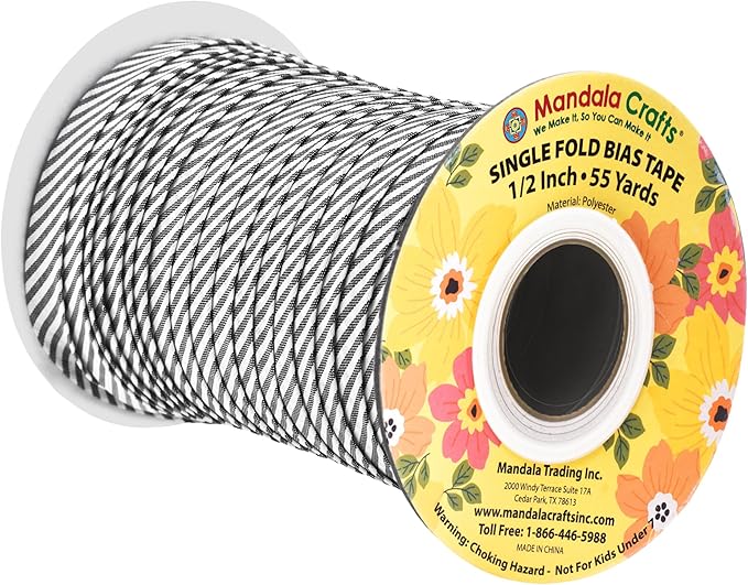 Mandala Crafts 1/2 Inch Single Fold Bias Tape for Sewing, Quilting, Piping, Hemming, Blanket & Quilt Binding – 55 Yards Black White Plaid Fabric Seam Binding Tape