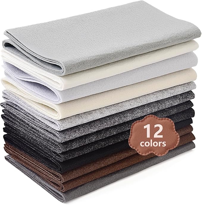 Large Stiff Felt Sheets Bundle Felt Fabric Sheets for Crafts 12 Rolls 8"x35" Soft Black Grey Color 12 Assorted Colors Felt Pack for DIY Craft Sewing Squares Nonwoven Patchwork (Grey)