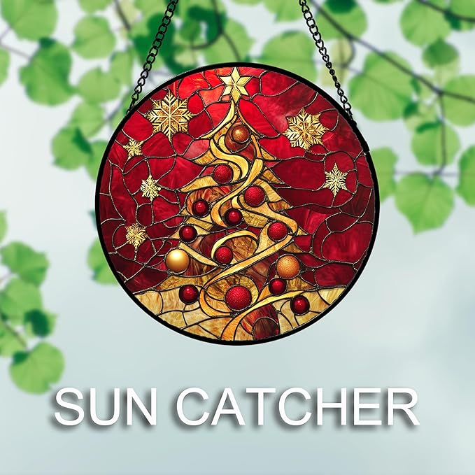 Stained Glass Window Hanging 4 Pcs Set Red Christmas Elk Snowflakes 9.8" - Deer Suncatcher Door Garden Sun Catcher Decor Birthday for Mom Woman Nana Men Friend