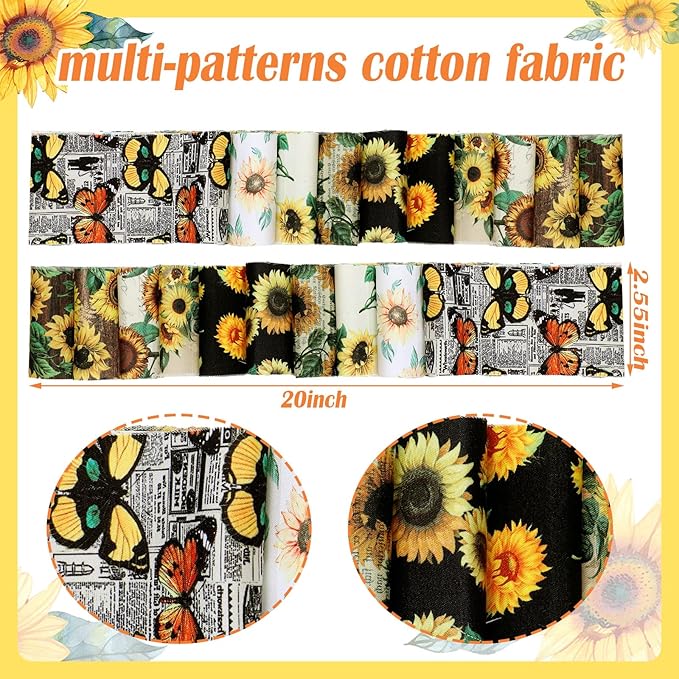 Ganeen 100 Pcs Sunflower Quilting Fabric Roll 2. 56 Inch Fabric Squares Jelly Patchwork Precut Strips Bundles for Holiday Materials Craft DIY Sewing Cloths
