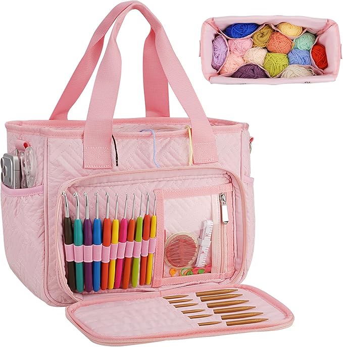Dadanism Crochet Bag, Knitting Tote Bag, Yarn Storage Holder with Handle & Shoulder Strap, Yarn Storage Organizer for Crocheting Knitter, Crochet Hooks, Knitting Needles Kit, Sewing Supplies, Pink