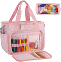 Dadanism Crochet Bag, Knitting Tote Bag, Yarn Storage Holder with Handle & Shoulder Strap, Yarn Storage Organizer for Crocheting Knitter, Crochet Hooks, Knitting Needles Kit, Sewing Supplies, Pink