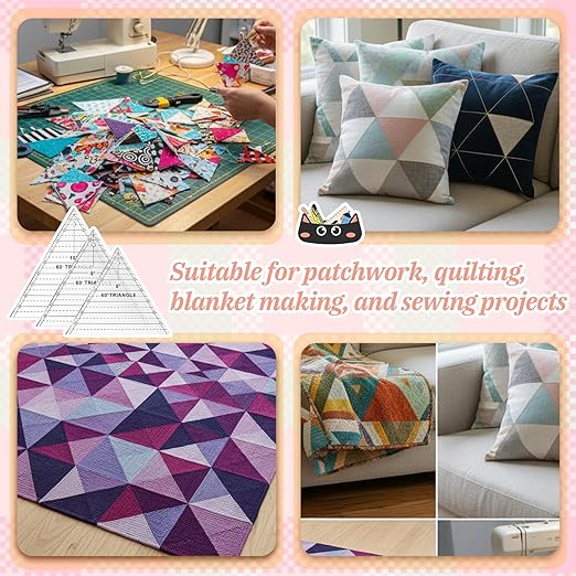 3 Pcs 60 Degree Triangle Ruler for Quilting, Clear Acrylic Quilting Templates Rulers 8 9 10 Inch Sewing Dedicated Ruler for Cutting, Measurement, DIY Craft Tools