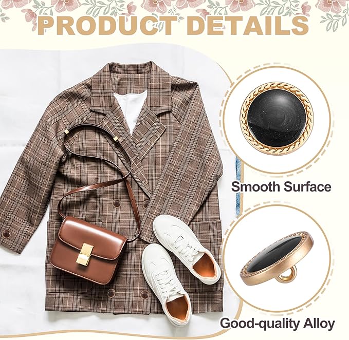 MECCANIXITY Metal Vintage Gold Button 15mm Round Metal Sewing Button Alloy Shank Replacement for Women's Suit Woolen Coat Shirt Dress Sewing Black Pack of 10