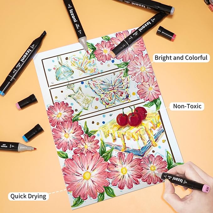 80 Colors Alcohol Markers Set, Dual Tip (Fine & Chisel) Coloring Markers, Permanent Art Drawing Marker for Kids Sketching Adult Coloring with Case and Holders (80 Colors - Black)