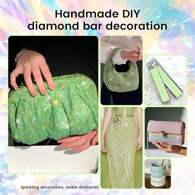 Novani Self Adhesive Rhinestone Ribbon, 1.18 Inch Wide 3 Yards 1 Roll, Light Green AB Diamond Bling Strips for DIY Crafts, Glitter Resin Rhinestones Tape for Crafting, Car Decoration