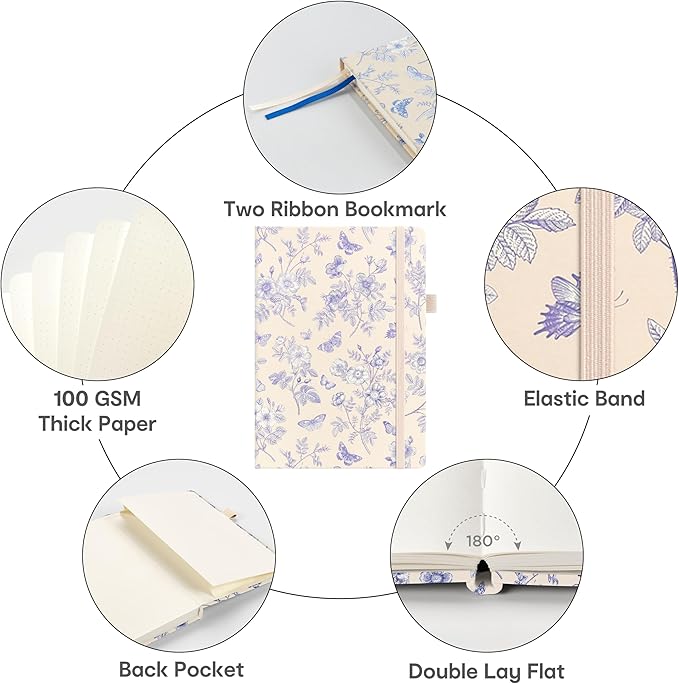&And Per Se Dotted Journal Notebook for Women&Men with Pattern, A5 Leather Hardcover, 160 Pages 100GSM Thick Dotted Paper, 3 Sheets of Stickers Included, 5.7'' x 8'' (Blue Flowers)