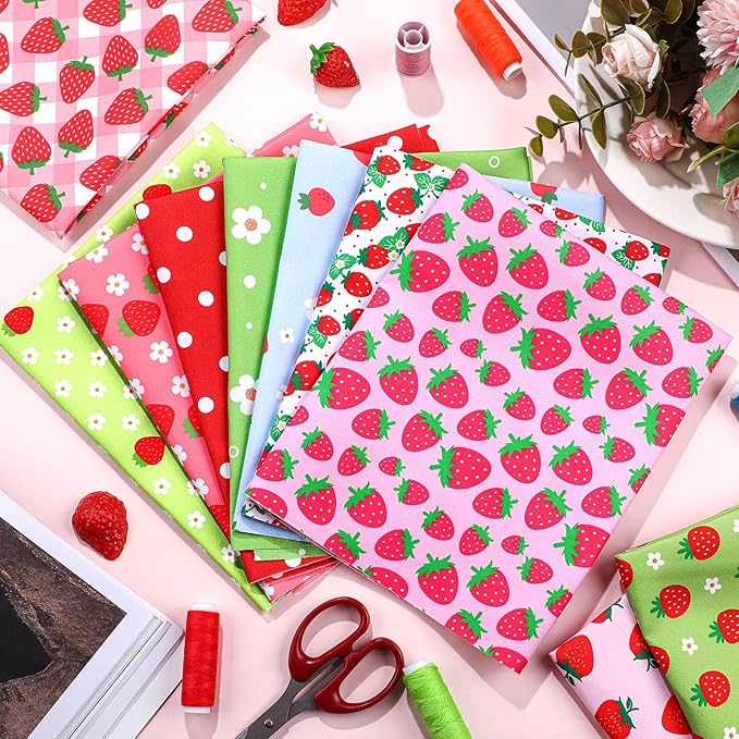 Hahafelt 10 Pcs Strawberry Quilting Fabric 18 x 22 Inch Strawberry Precut Fabric Squares Quilted Multi Color Floral Printed Patchwork Supplies for Holiday Patchwork DIY Sewing Crafts