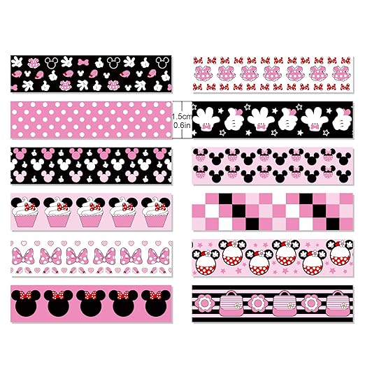 12 Rolls Cartoon Mouse Washi Tape Set - 0.6 Inch x 16.4 Ft Each, Pink Cute Mouse Design Decorative Paper Tape for Scrapbooking, Gift Wrapping, DIY Crafts & School Supplies