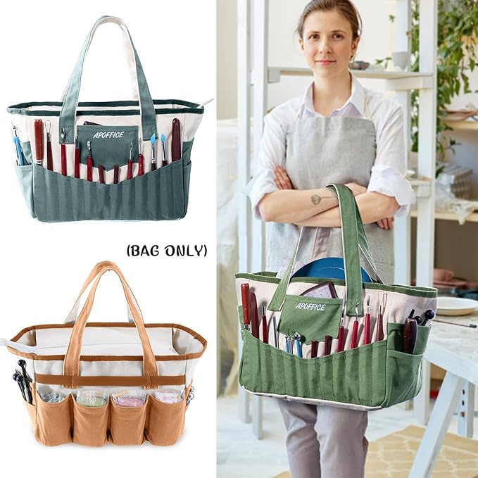 Pottery Tools Bag with Pockets for Clay Sculpting Tools, Ceramic Tools– Art Supply Organizer for Polymer Clay Tools, Craft Tote, Yarn & Crochet Storage, Washable Canvas Artist Bag Gift