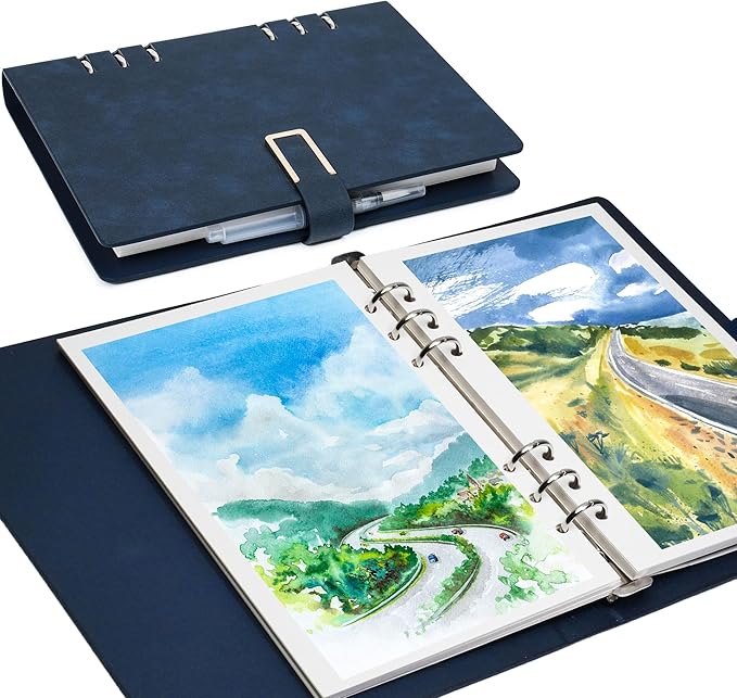Vienrose 9" x 7" 3 Ring Watercolor Sketchbook, Faux Leather Cover Professional Art Journal with Detachable 24 Sheets 48 Pages, Ideal for Water Coloring, Sketching, Painting, Navy