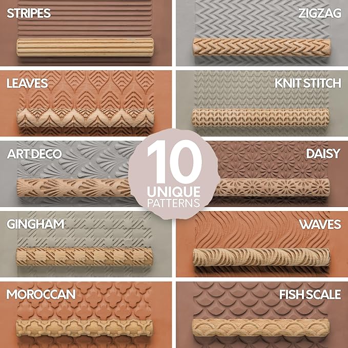 Byllstore Clay Texture Rollers | 10-Pack | 5 in x 0.65 in | Premium Wooden Pottery Tools