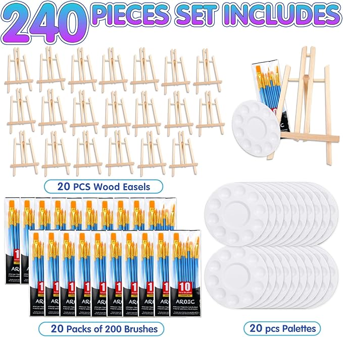 240 PCS Professional Painting Set with 20 PCS Wood Easels,20 Packs of 200 Brushes with Nylon Brush Head and 20 PCS Palettes, Painting Supplies kit for Kids & Adults to Painting Party.