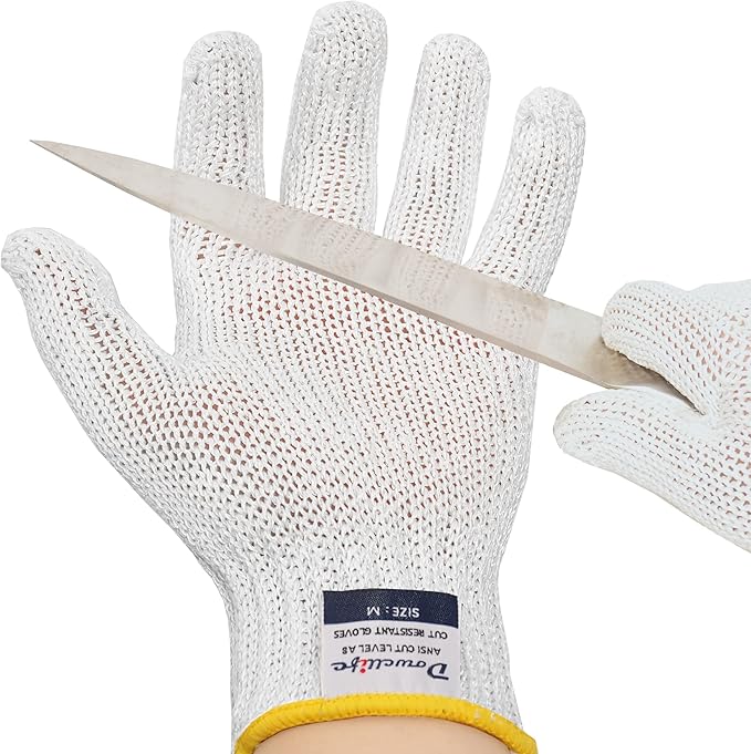 Dowellife Level 8 Reinforced Cut Resistant Gloves, Food Grade, Knife Safety Gloves for Meat Cutting, Oyster Shucking, Fish Fillet, Kitchen Slicing and Wood Carving, White, Large