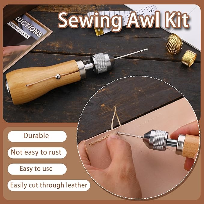 Sewing Awl Kit, Portable Tool Stitching Leather Sewing Thread, Waxed Thread Kit for DIY Leather Sewing Repair Craft (2)